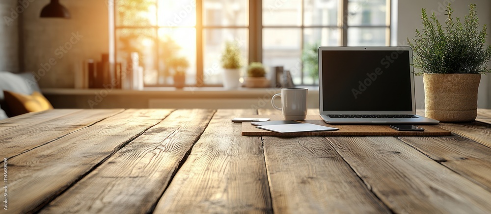 Rustic wooden desk with laptop, mug, and plant near window. Rustic wooden desk with laptop, mug, and plant near window.