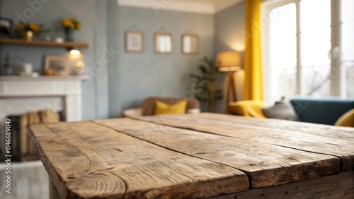 Rustic wooden table top with a blurred background of a cozy living room with fireplace, soft yellow curtains and a window