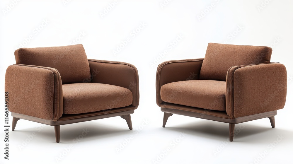 Two minimalist armchairs in mocha mousse tones isolated on the white background Two minimalist armchairs in mocha mousse tones isolated on the white background