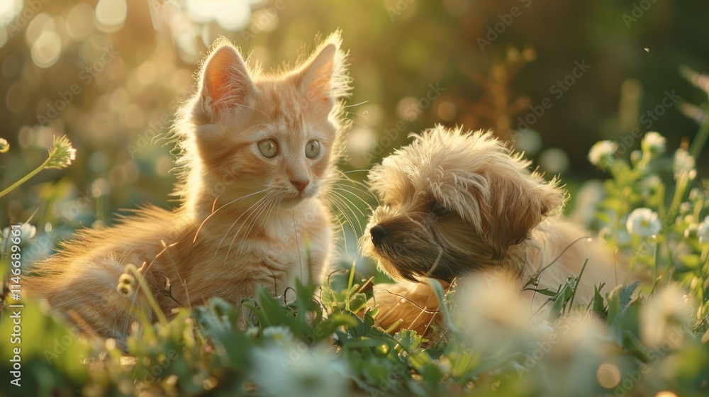 Golden Hour Companions: Kitten and Puppy in a Meadow