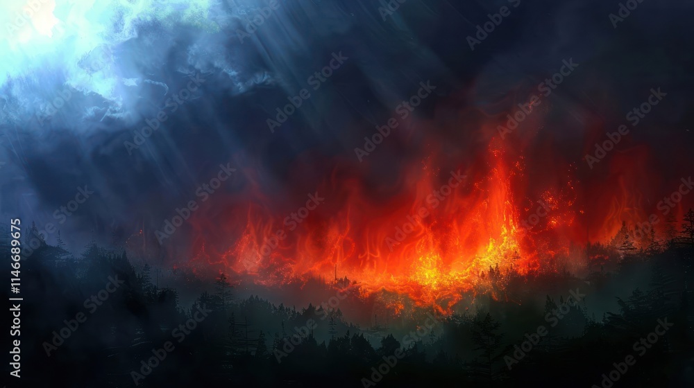 A dramatic depiction of a forest fire, showcasing flames against a dark, moody sky. A dramatic depiction of a forest fire, showcasing flames against a dark, moody sky.