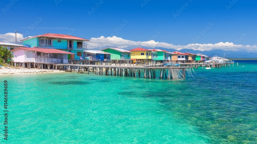 Obraz premium Vibrant Overwater Houses on Tropical Island Paradise