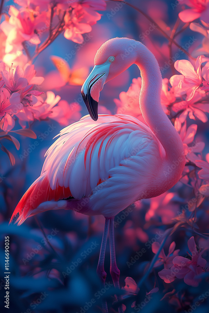 Naklejka premium Flamingo artwork flowers 
