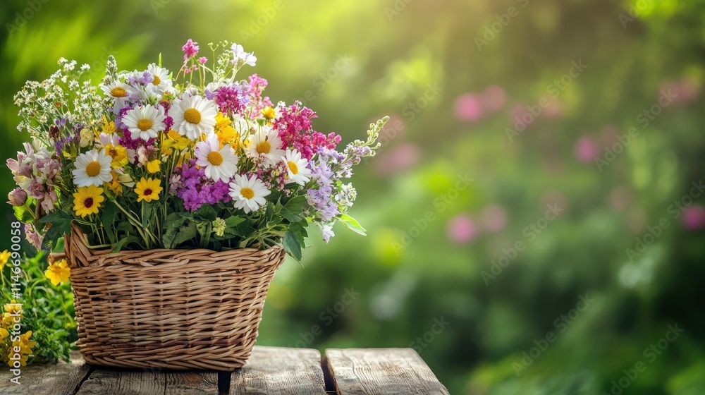 flowers bouquet in wicker basket on table in garden, abstract natural green background. spring, summer season. rustic still life with meadow flowers. template for design. copy space flowers bouquet in wicker basket on table in garden, abstract natural green background. spring, summer season. rustic still life with meadow flowers. template for design. copy space