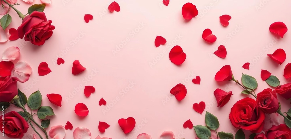 Romantic Rose Petals and Hearts Frame: Valentine's Day Background Romantic Rose Petals and Hearts Frame: Valentine's Day Background