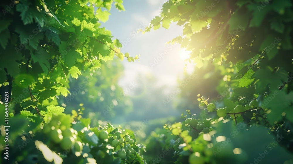 A serene view through lush green foliage, illuminated by soft sunlight. A serene view through lush green foliage, illuminated by soft sunlight.
