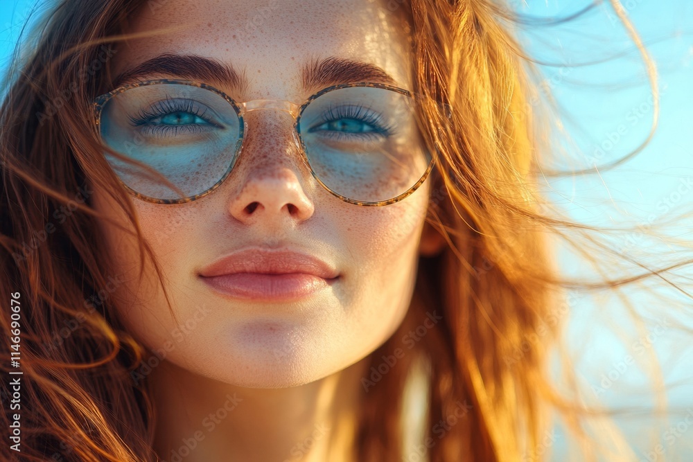 A close-up portrait of a young woman with red hair and glasses, smiling against a bright background. A close-up portrait of a young woman with red hair and glasses, smiling against a bright background.