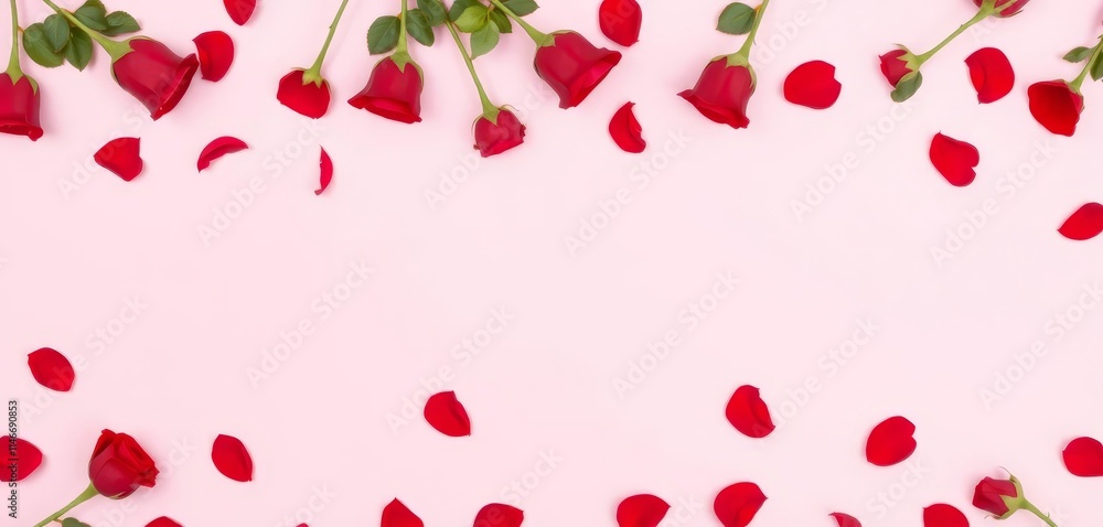 Romantic Red Roses and Petals Frame on Pink Background: Perfect for Valentine's Day or Anniversary Cards Romantic Red Roses and Petals Frame on Pink Background: Perfect for Valentine's Day or Anniversary Cards
