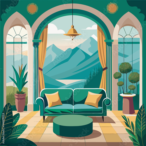 Green room with a mountain scene outside