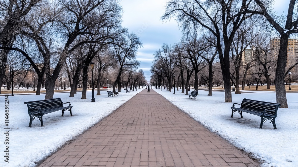 Winter Park Pathway with Empty Benches and Snow Winter Park Pathway with Empty Benches and Snow
