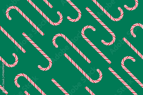 Seamless pattern of red and white candy canes on a green background, creating a festive holiday vibe.