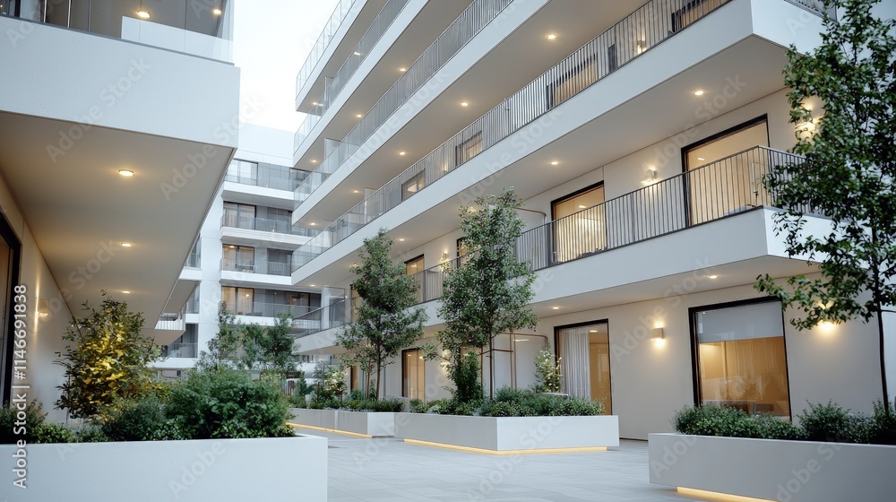 Fototapeta premium Modern residential building courtyard with green trees in white planters and glowing warm lights at dusk.