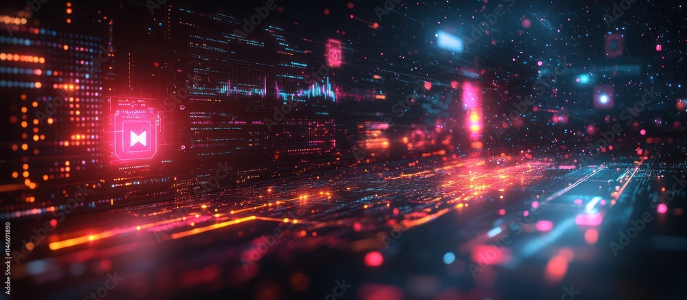 Futuristic digital cityscape with glowing lines and data streams. Futuristic digital cityscape with glowing lines and data streams.