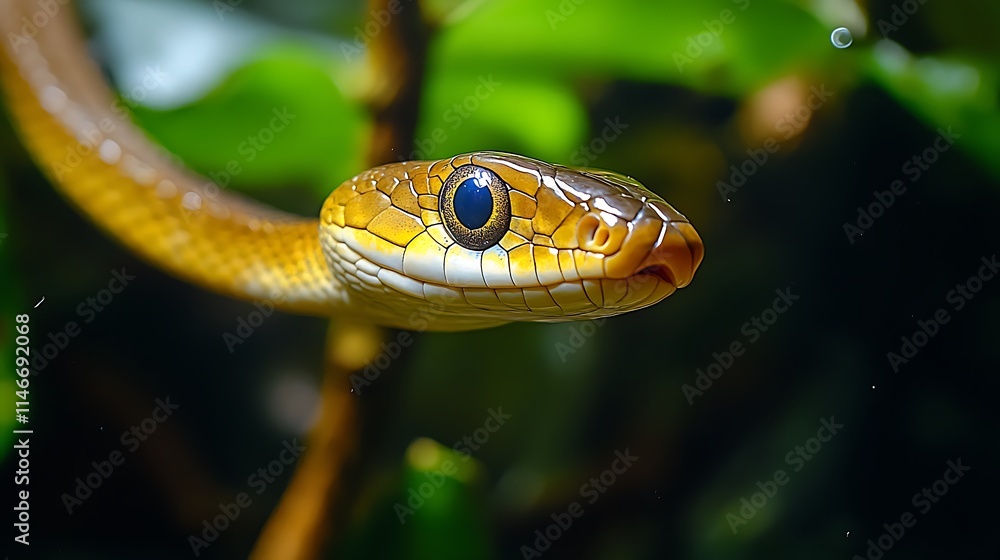 A naturalistic shot of a vine snake blending with surrounding branches, its slender body and sharp eyes captured in incredible detail through a macro camera. A naturalistic shot of a vine snake blending with surrounding branches, its slender body and sharp eyes captured in incredible detail through a macro camera.