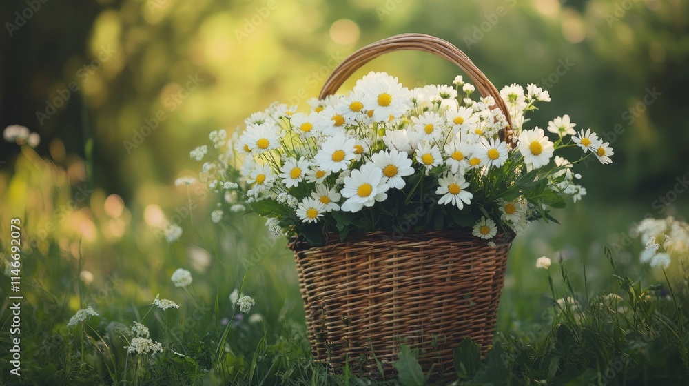 flowers bouquet in wicker basket on table in garden, abstract natural green background. spring, summer season. rustic still life with meadow flowers. template for design. copy space flowers bouquet in wicker basket on table in garden, abstract natural green background. spring, summer season. rustic still life with meadow flowers. template for design. copy space