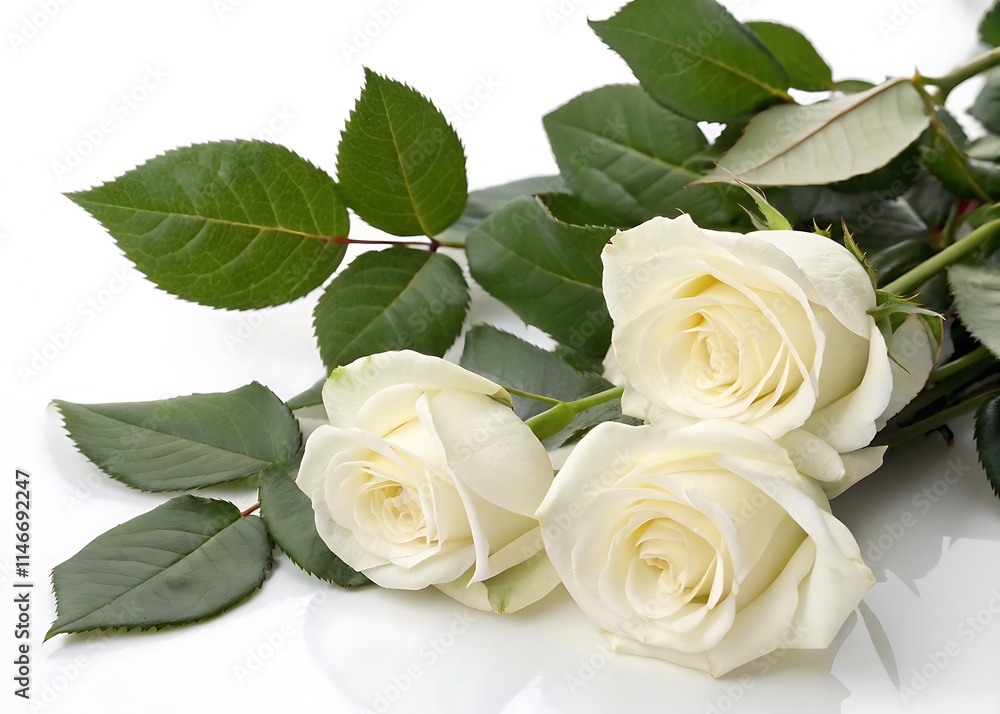 Set of beautiful white roses with lush green leaves Set of beautiful white roses with lush green leaves