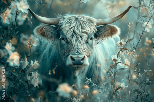 Schottish highland cow with flowers and depth of field artwork  photo