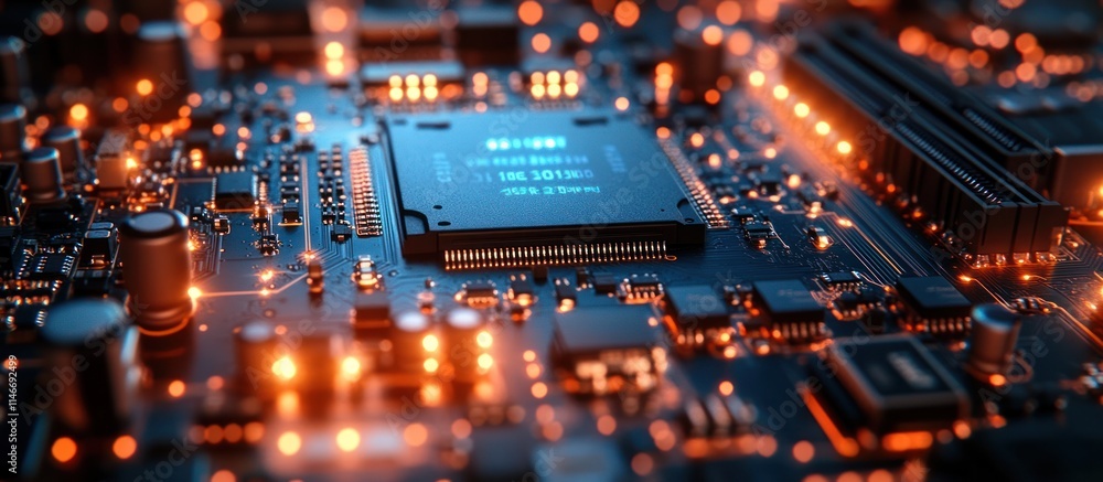 Close-up of illuminated circuit board with central processor. Close-up of illuminated circuit board with central processor.