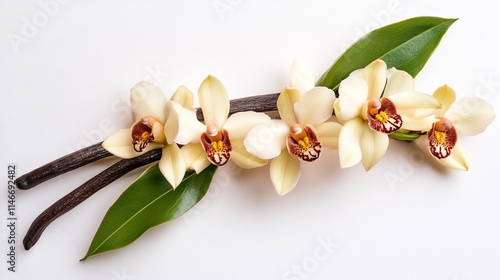 Vanilla flower and pods with leaves isolated on a white background. photo