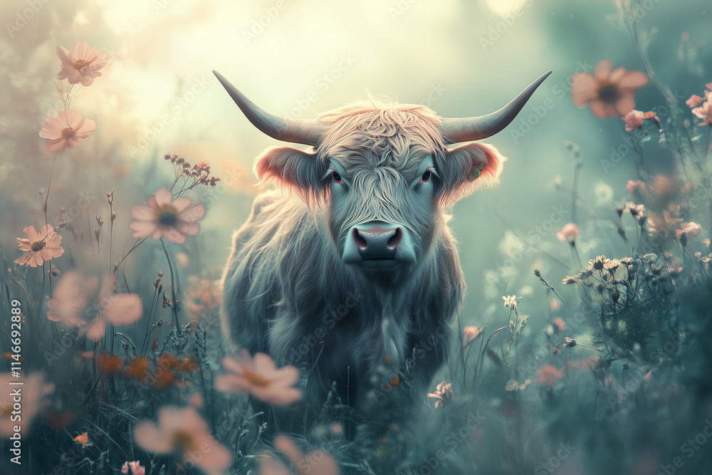 Naklejka premium Schottish highland cow with flowers and depth of field artwork