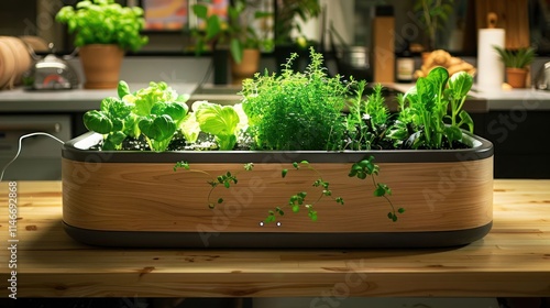 A modern indoor garden with various herbs and greens growing in a stylish planter.