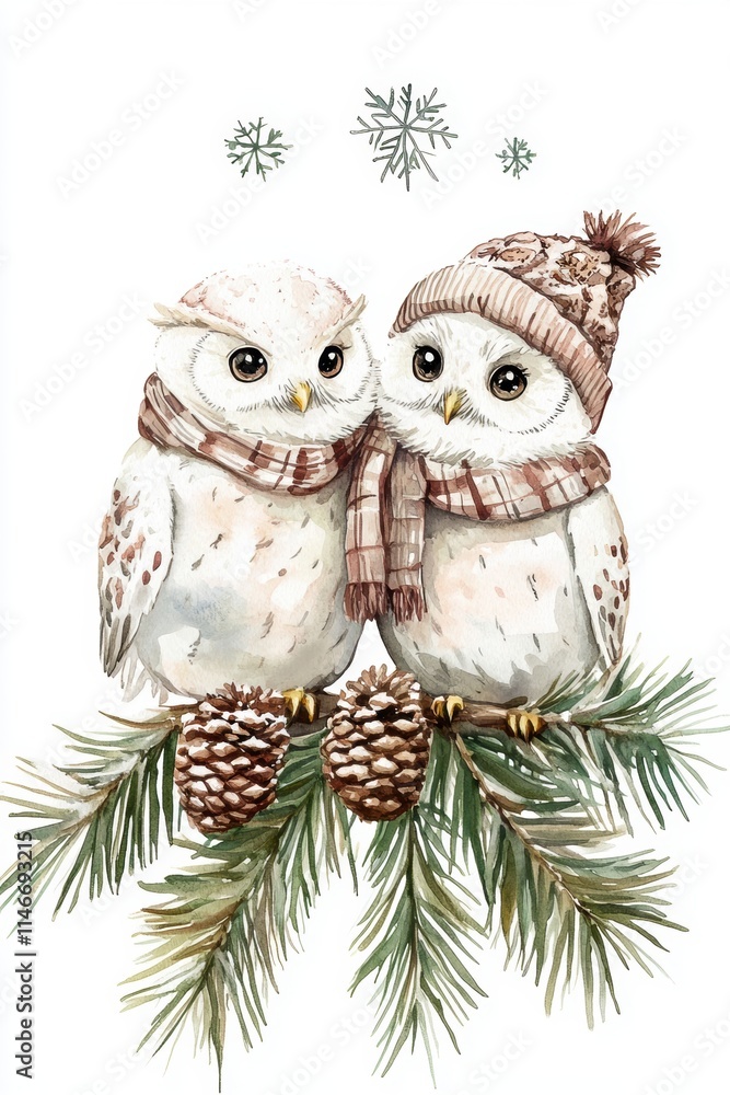 Fototapeta premium Owl on tree. Winter theme background template for greeting card design.