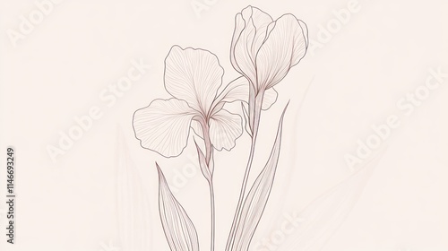 Delicate line art drawing of two iris flowers.