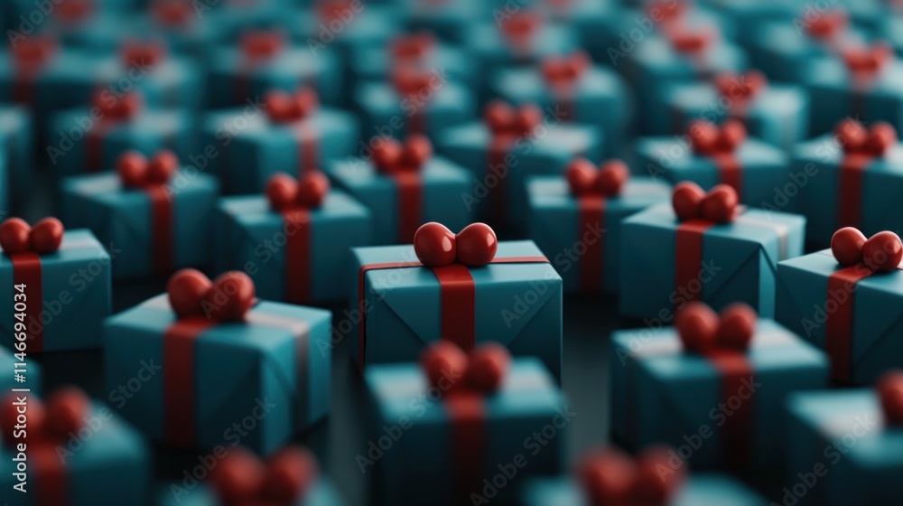 Fototapeta premium Many teal gift boxes with red ribbons.