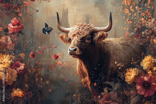 Schottish highland cow with flowers and depth of field artwork 
