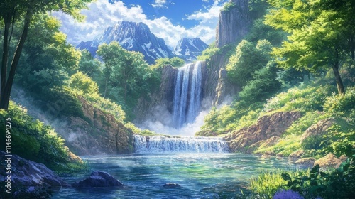 serene waterfall in lush mountain valley