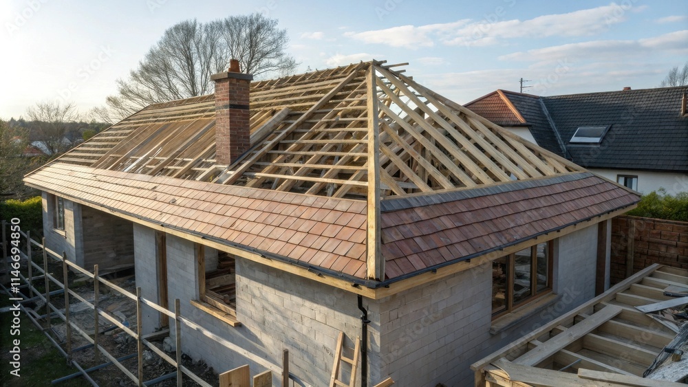 Fototapeta premium A newly constructed house with a timber frame roof and red tile roof during the construction phase.