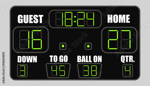Electronic football scoreboard on grey background. Vector