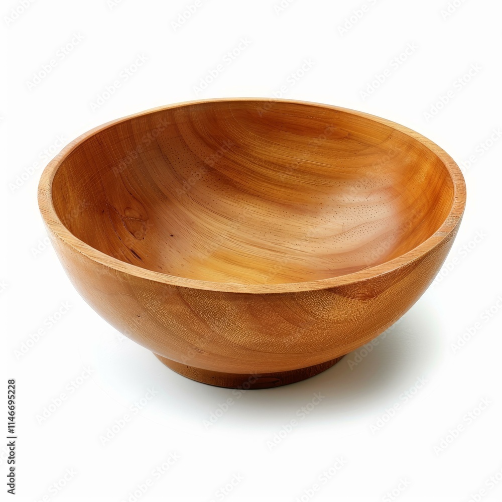 Polished wooden bowl with visible wood grain, isolated on a white background, perfect for food or decorative purposes Polished wooden bowl with visible wood grain, isolated on a white background, perfect for food or decorative purposes