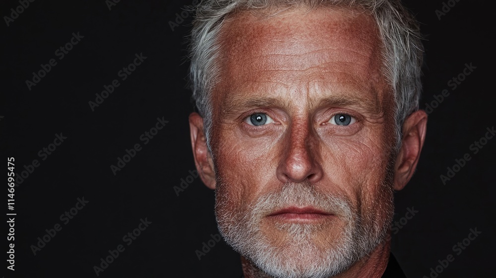 Close-up portrait of a serious, mature man with gray hair and beard against a dark background. Close-up portrait of a serious, mature man with gray hair and beard against a dark background.
