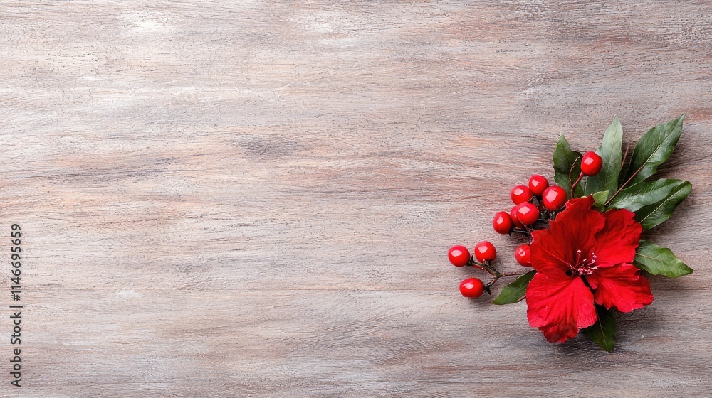 Red hibiscus flower and berries on rustic wood. Red hibiscus flower and berries on rustic wood.