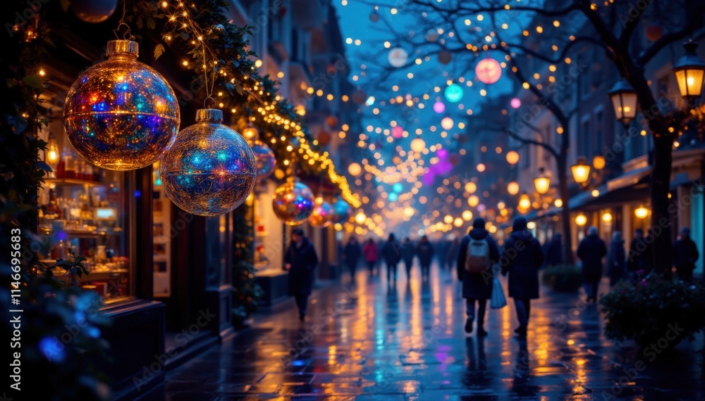 Naklejka premium Festive night walk city street holiday lights