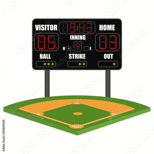 Baseball electronic scoreboard and field. Icon on grey background