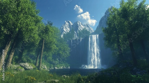 serene waterfall in lush forest landscape