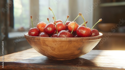 A realistic photo of a bowl of cherries, each one glistening with dew, placed on a rustic wooden surface bathed in soft morning light. photo