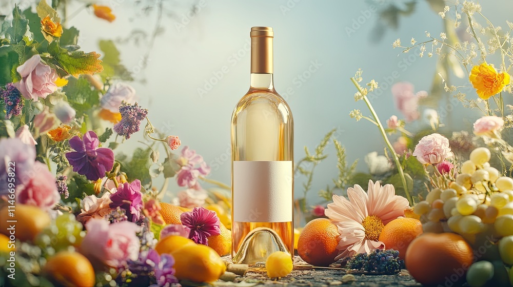 bottle of wine on the background of fruits and flowers. bottle of wine on the background of fruits and flowers.