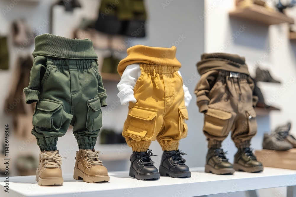 Child-sized outfits and boots displayed on shelf. Child-sized outfits and boots displayed on shelf.