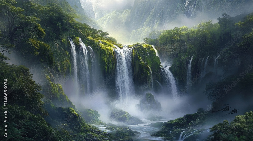 Naklejka premium serene waterfall in lush green valley