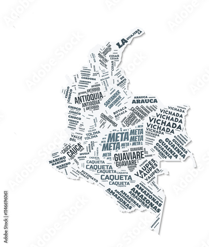 Colombia shape text cloud. Country border with shadow on white background. Colombia with regions division in vintage gazette style. Awesome vector illustration.