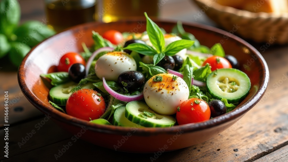 A fresh Italian insalata served in a rustic ceramic bowl with greens, cherry tomatoes, cucumbers, onions, olives, mozzarella, and basil, drizzled with olive oil and balsamic vinegar A fresh Italian insalata served in a rustic ceramic bowl with greens, cherry tomatoes, cucumbers, onions, olives, mozzarella, and basil, drizzled with olive oil and balsamic vinegar