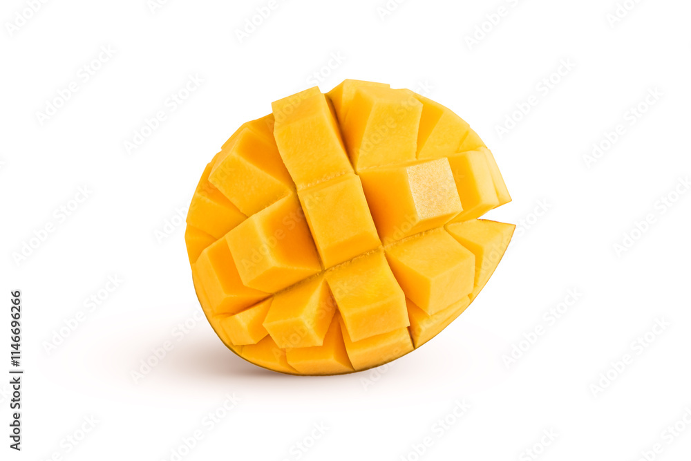 Fresh mango cubes half isolated on white background Fresh mango cubes half isolated on white background
