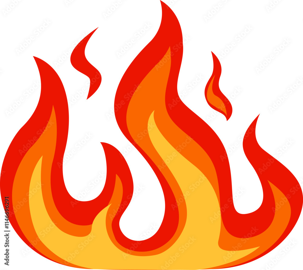 Red and orange stylized flames creating a cartoon fire burning with high flames and intense heat, perfect for representing concepts of energy, danger, and warmth Red and orange stylized flames creating a cartoon fire burning with high flames and intense heat, perfect for representing concepts of energy, danger, and warmth