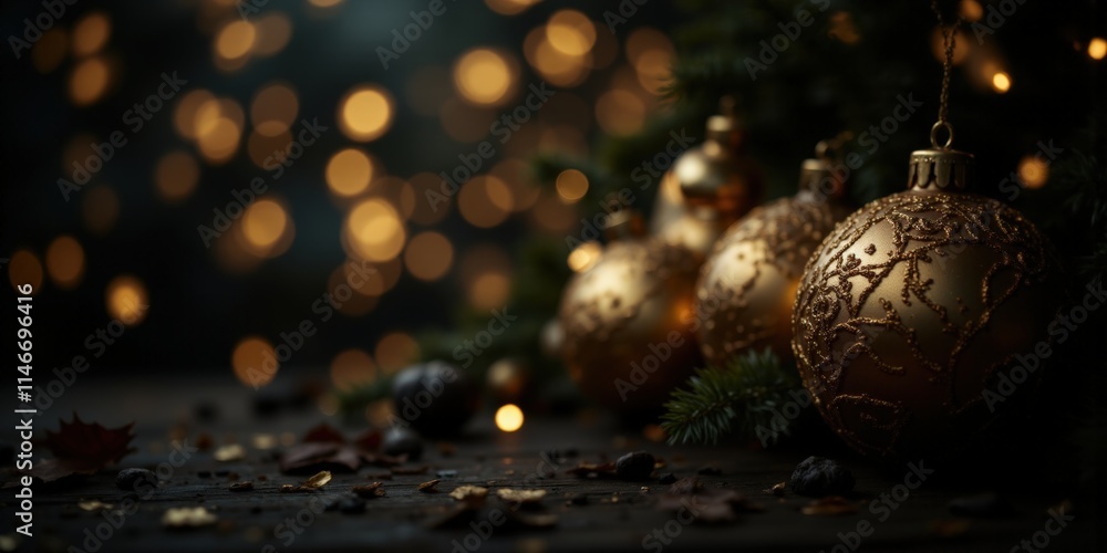 Fototapeta premium Golden christmas ornaments holiday decor night
