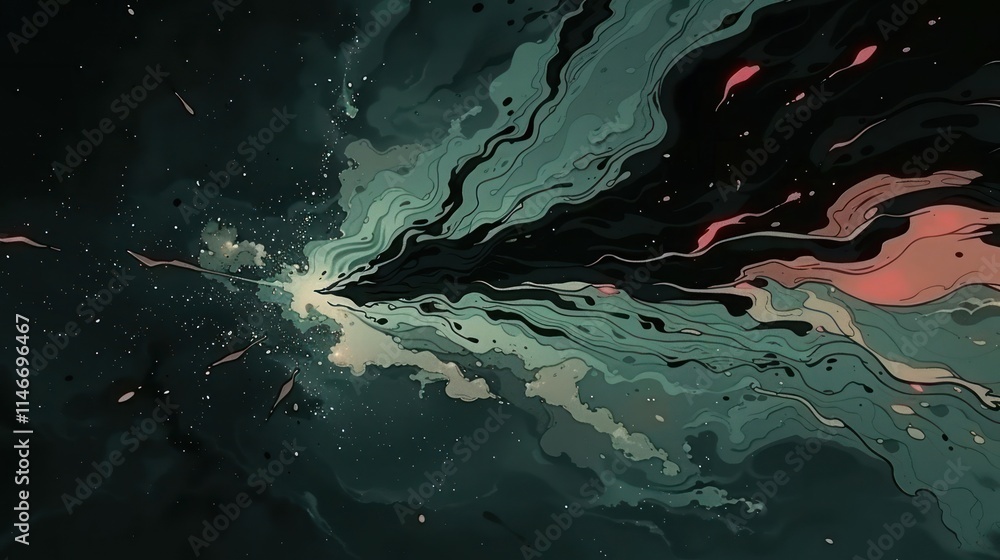 Abstract cosmic illustration depicting swirling colors and light in a dark space. Abstract cosmic illustration depicting swirling colors and light in a dark space.