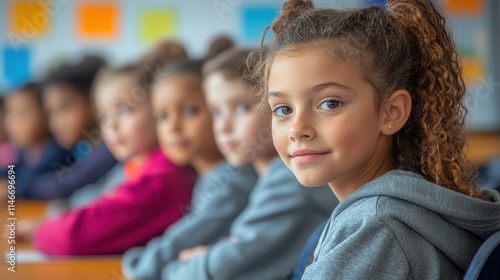 A group of children in a classroom, with one girl smiling at the camera.