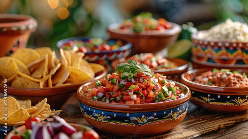 A vibrant display of various Mexican dishes, including salsa, tortillas, and toppings. A vibrant display of various Mexican dishes, including salsa, tortillas, and toppings.